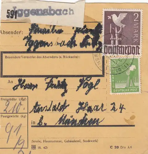 Carte de paquet 1948: Iggensbach vers Antalt Haar, Munich