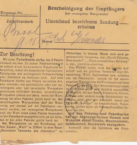 Paketkarte 1948: Iggensbach nach Anstalt Haar, München