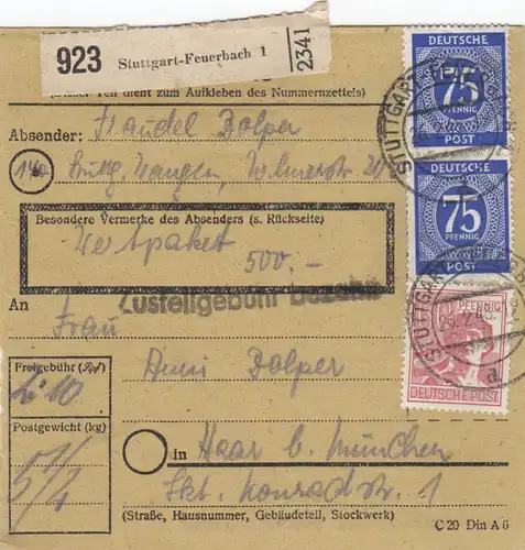 Paketkarte 1948: Stuttgart Feuerbach nach Haar, Wertpaket