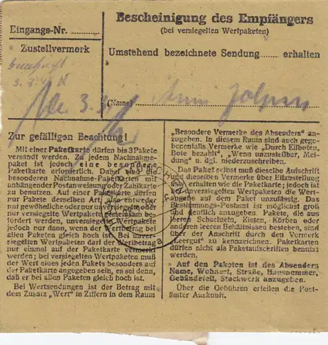 Carte de paquet 1948: Stuttgart Feuerbach après Haar, Forfait de valeur