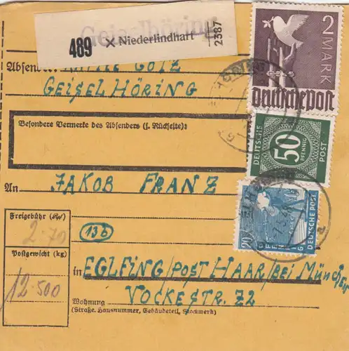 Carte de paquet 1948: Niederlindhart a Eglfing