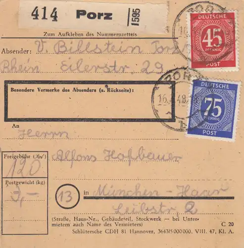 Paketkarte 1948: Porz nach Haar bei München