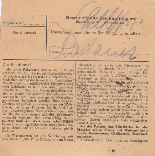 Carte de paquet 1948: Porz vers Haar bei Munich