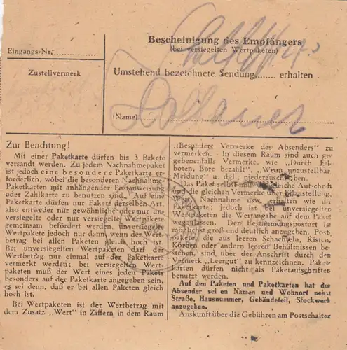 Paketkarte 1948: Porz nach Haar bei München