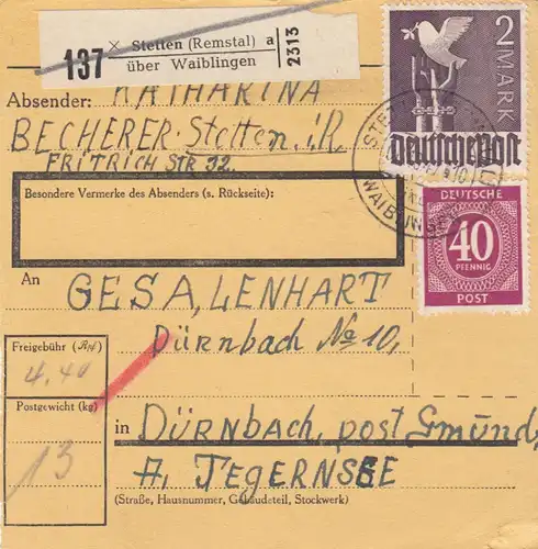 Carte de paquet 1947: Stetten Remstal d'après Dürnbach
