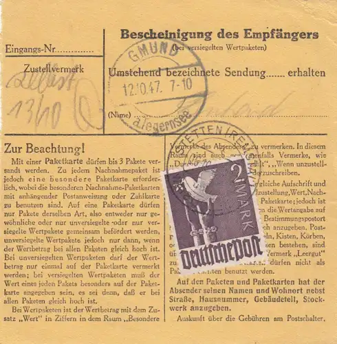 Paketkarte 1947: Stetten Remstal nach Dürnbach