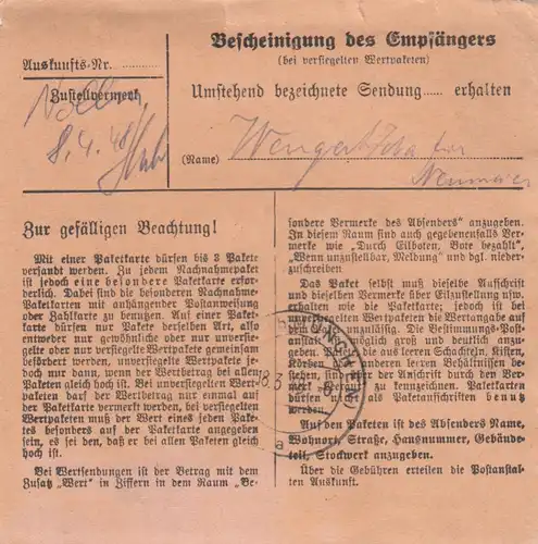 Paketkarte 1948: Weiden nach Haar, Selbstbucher