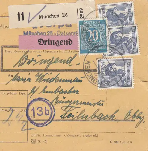 Carte de paquet 1947: Munich vers Feilnbach, Urgent