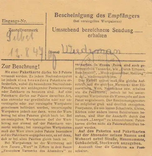Paketkarte 1947: München nach Feilnbach, Dringend