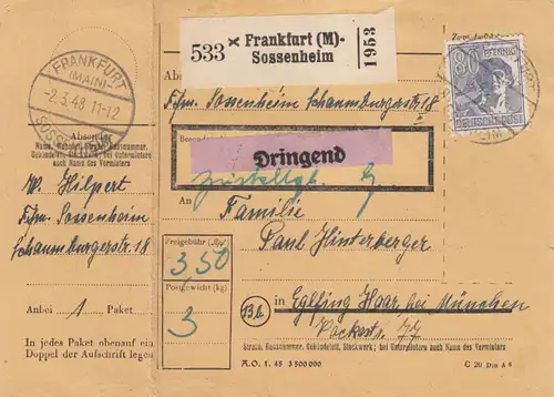 Paketkarte 1948: Ffm. Sossenheim nach Eglfing, Dringend