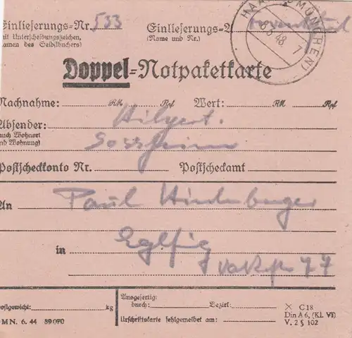 Paketkarte 1948: Ffm. Sossenheim nach Eglfing, Dringend