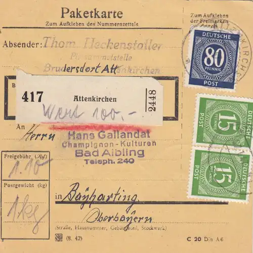 Carte de paquet 1947: Frèresdorf Attenkirchen vers Beyharting, carte de valeur
