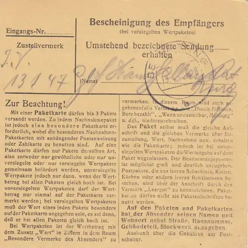 Carte de paquet 1947: Frèresdorf Attenkirchen vers Beyharting, carte de valeur