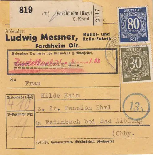 Carte de paquet 1947: Forchheim vers Feilnbach, carte de valeur, auto-réservation