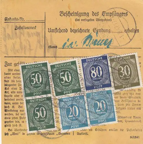 Carte de paquet 1947: Forchheim vers Feilnbach, carte de valeur, auto-réservation