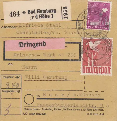 Carte de paquet 1948: Oberstedten par cheveux, carte de valeur, urgent