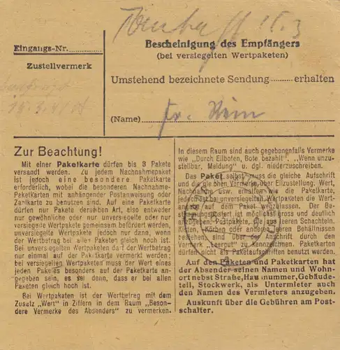 Carte de paquet 1948: Oberstedten par cheveux, carte de valeur, urgent