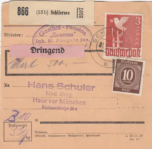 Paketkarte 1948: Schliersee, Gasthof Seerose n.Haar, Wertkarte, Dringend