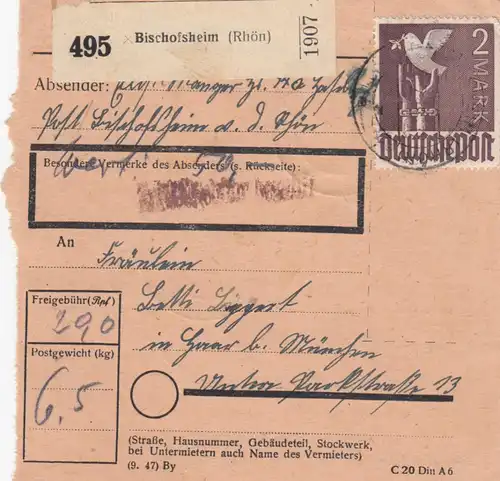 Carte de paquet 1948: Bischofsheim par cheveux, carte de valeur