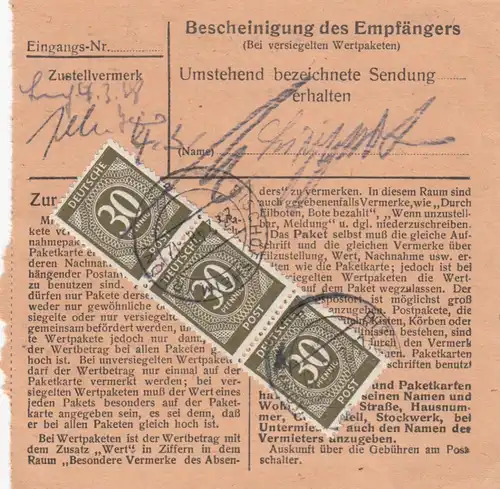 Carte de paquet 1948: Bischofsheim par cheveux, carte de valeur