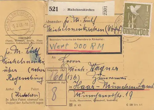 Carte de paquet 1948: Michelsneukirchen, carte de valeur, avec carte d'urgence