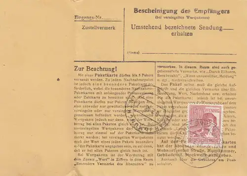 Carte de paquet 1948: Michelsneukirchen, carte de valeur, avec carte d'urgence