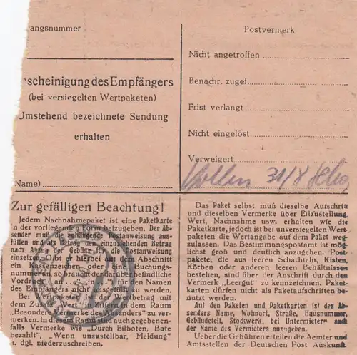 Carte de paquet 1948 Munich Passing n. Brettbrunn, carte de valeur, remboursement, retour