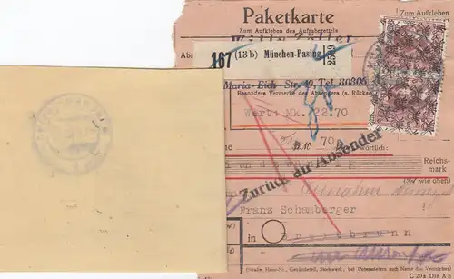 Paketkarte 1948 München Passing n. Brettbrunn, Wertkarte, Nachnahme, Rücksendung