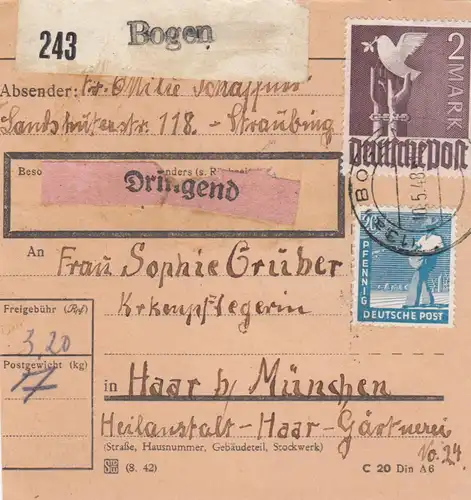 Paketkarte 1948: Straubing Bogen nach Haar, Dringend