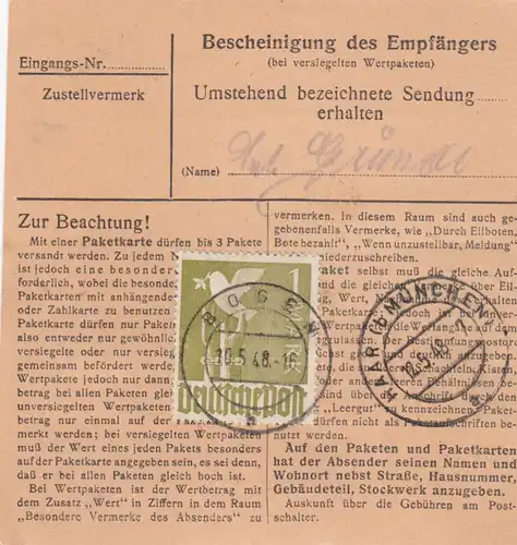 Carte de paquet 1948: feuille de Straubing par cheveux, urgent
