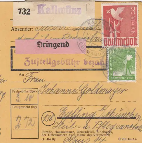 Paketkarte 1948: Kallmünz nach Eglfing, Anstalt, Dringend