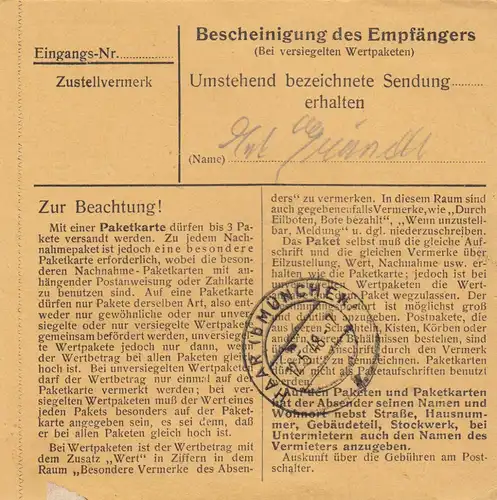 Carte de paquet 1948: pièce de monnaie à la main après Eglfing, établissement, urgent