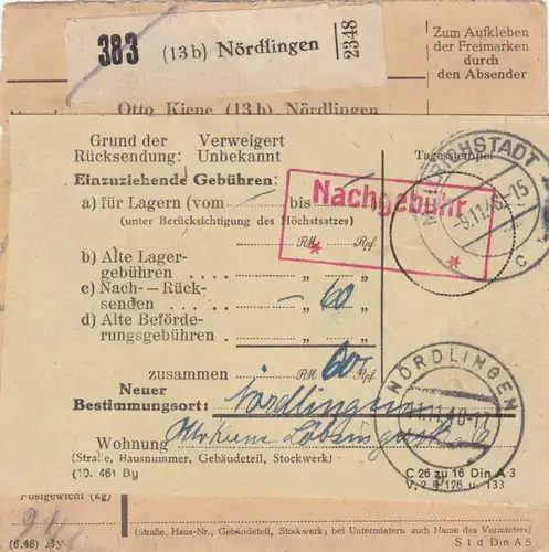 Paketkarte 1948: Nördlingen n. Mellrichstadt, Nachnahme, Rücksendung, Nachgeb.