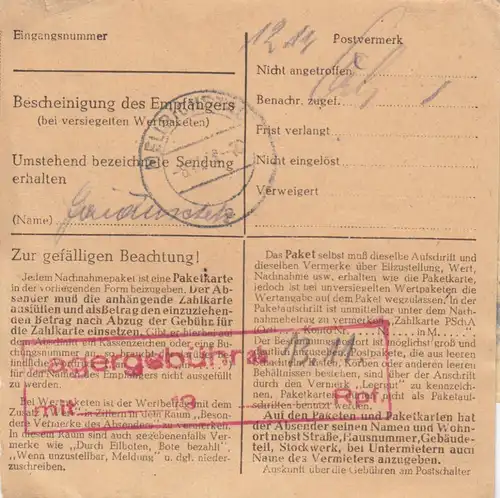 Carte de paquet 1948: Nördlingen n. Mellrichstadt, livraison, retour, post-né.