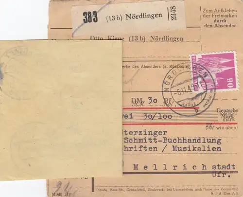 Carte de paquet 1948: Nördlingen n. Mellrichstadt, livraison, retour, post-né.