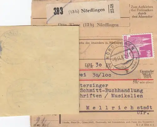 Paketkarte 1948: Nördlingen n. Mellrichstadt, Nachnahme, Rücksendung, Nachgeb.