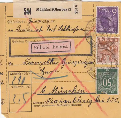 Paketkarte 1948: Breitenbach n. Frauenklinik München, Eilbote, Exprès