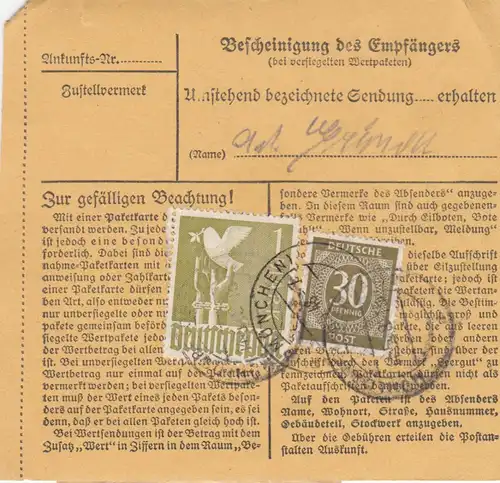 Paketkarte 1948: Breitenbach n. Frauenklinik München, Eilbote, Exprès