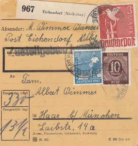 Carte de paquet 1947: Eichendorf par Haar