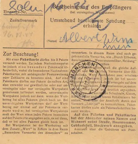 Paketkarte 1947: Eichendorf nach Haar