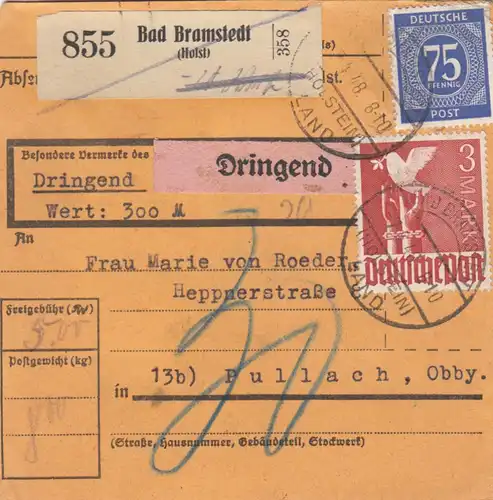 Paketkarte 1948: Bad Bramstedt n. Pullach, Nachgebühr, Dring., Wertkarte
