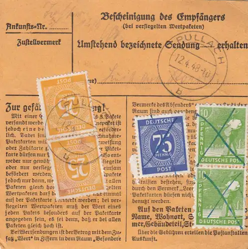 Carte de paquet 1948: Bad Bramstedt n. Pullach, frais supplémentaires, ring., carte de valeur