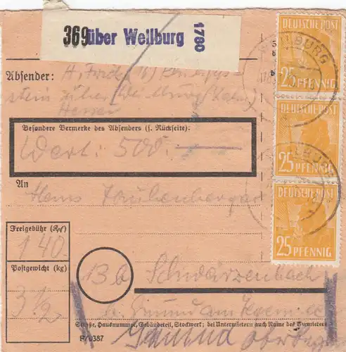 Carte de paquet 1948: Weilburg vers Schwarzenbach, carte de valeur
