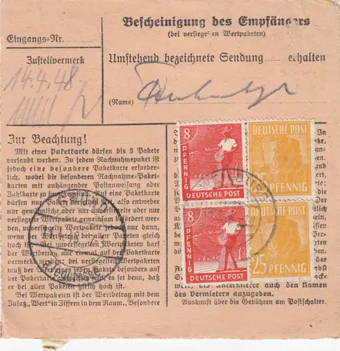 Carte de paquet 1948: Weilburg vers Schwarzenbach, carte de valeur