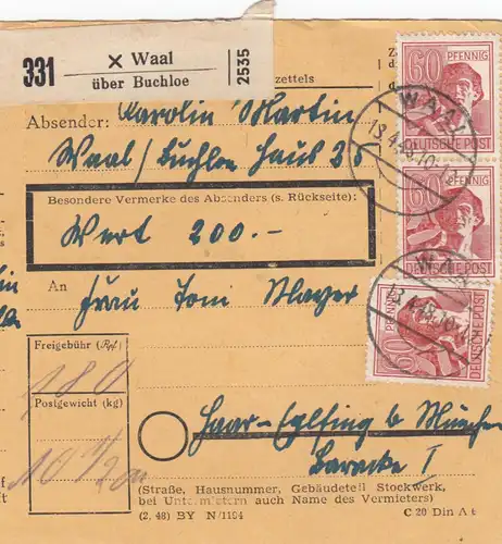 Carte de paquet 1948: Waal sur Buchloe, carte de valeur