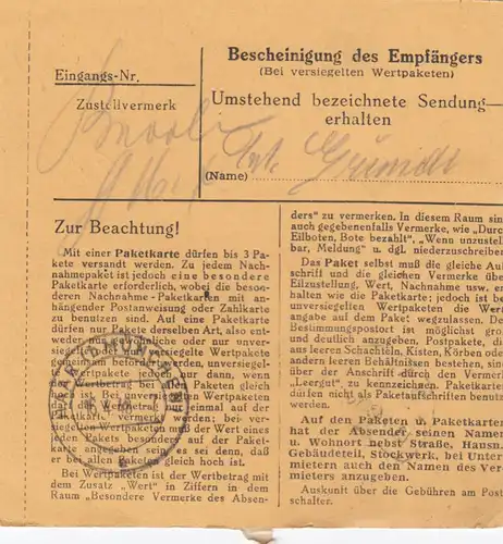 Paketkarte 1948: Waal über Buchloe, Wertkarte