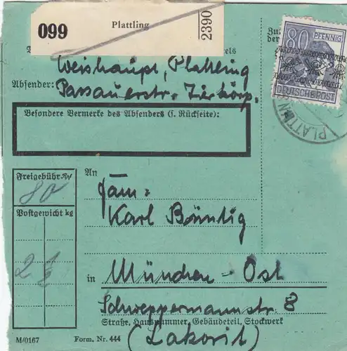 BiZone Paketkarte 1948: Plattling nach München-Ost, besonderes Formular