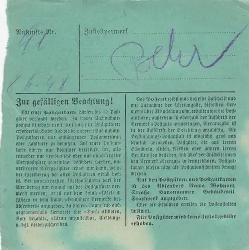 BiZone Paketkarte 1948: Plattling nach München-Ost, besonderes Formular