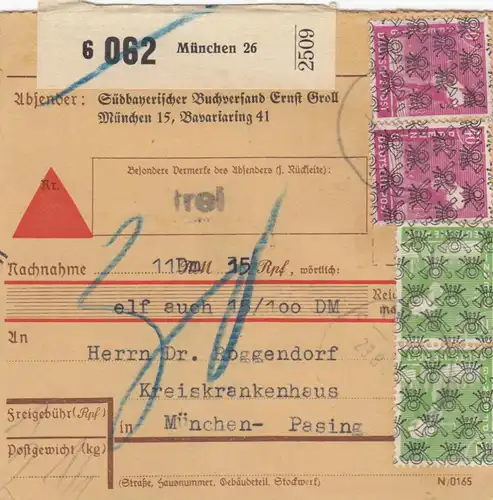 BiZone Paketkarte 1948: München Buchversand n. Pasing, Nachnahme, Nachgebühr