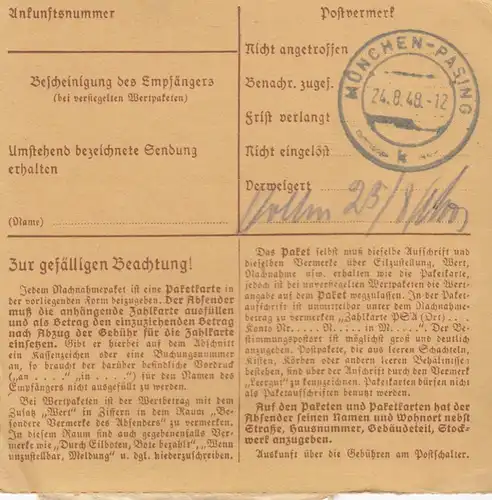 BiZone Paketkarte 1948: München Buchversand n. Pasing, Nachnahme, Nachgebühr
